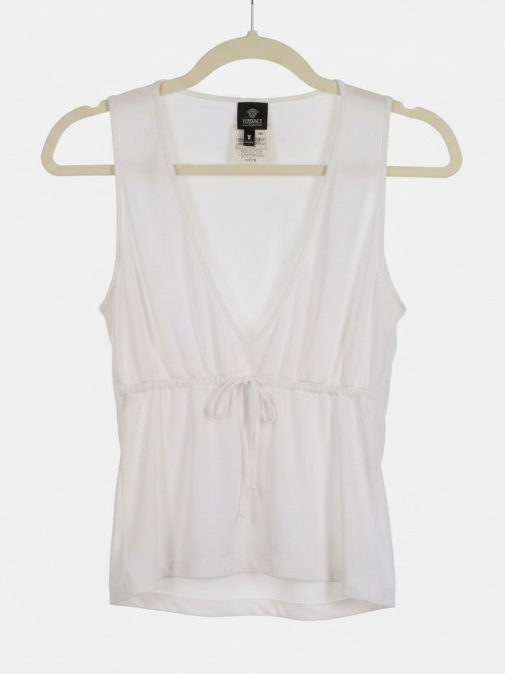 Vintage Y2K Versace Jeans Couture White Plunge V-Neck Drawstring Top Size M